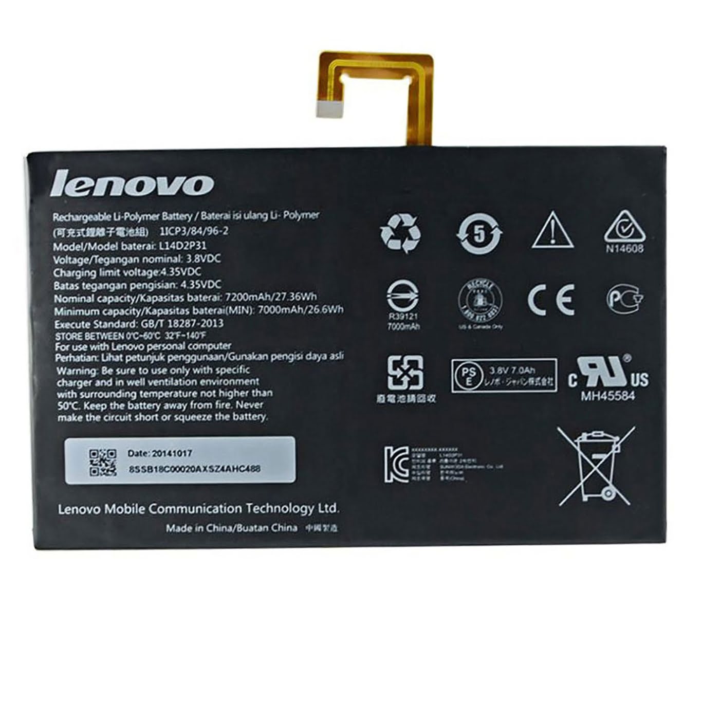 L14D2P31, SB18C03763 ersatz Laptop Akku fuer Lenovo 1ICP3/84/96-2, A10-70F, 7000mAh / 26,60Wh, 3,8V